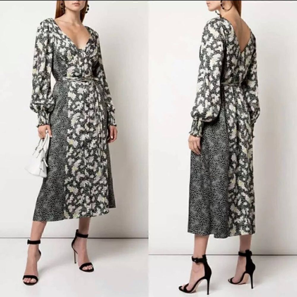 NWT CINQ A SEPT Resort Jessica Long Sleeve Floral Dress in Black Size 4
